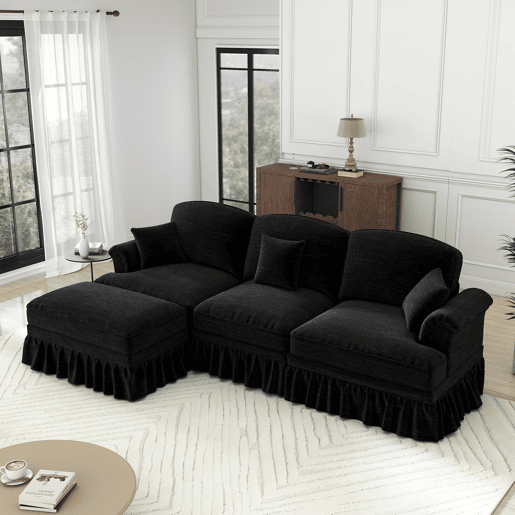 Sofá modular L 3 lugares - estilo Mid-Century, chenille, braços cónicos, otomana móvel - Preto