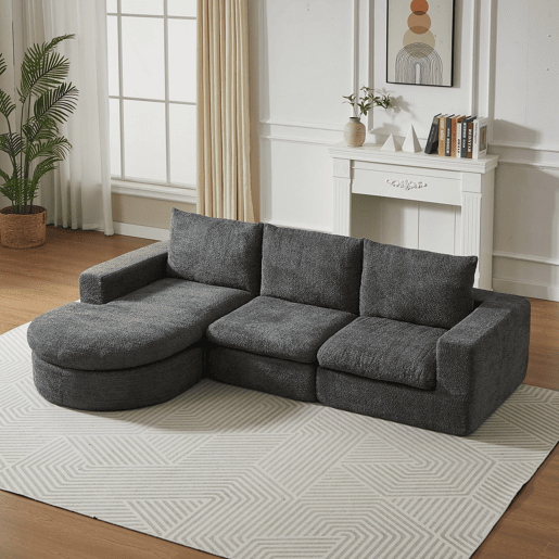 Sofá modular de 3 lugares - Chenille curvada com chaise longue, sem montagem - Cinza