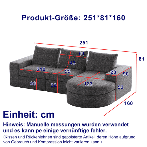 Sofá modular de 3 lugares - Chenille curvada com chaise longue, sem montagem - Cinza