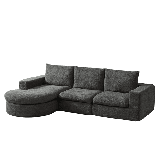Sofá modular de 3 lugares - Chenille curvada com chaise longue, sem montagem - Cinza