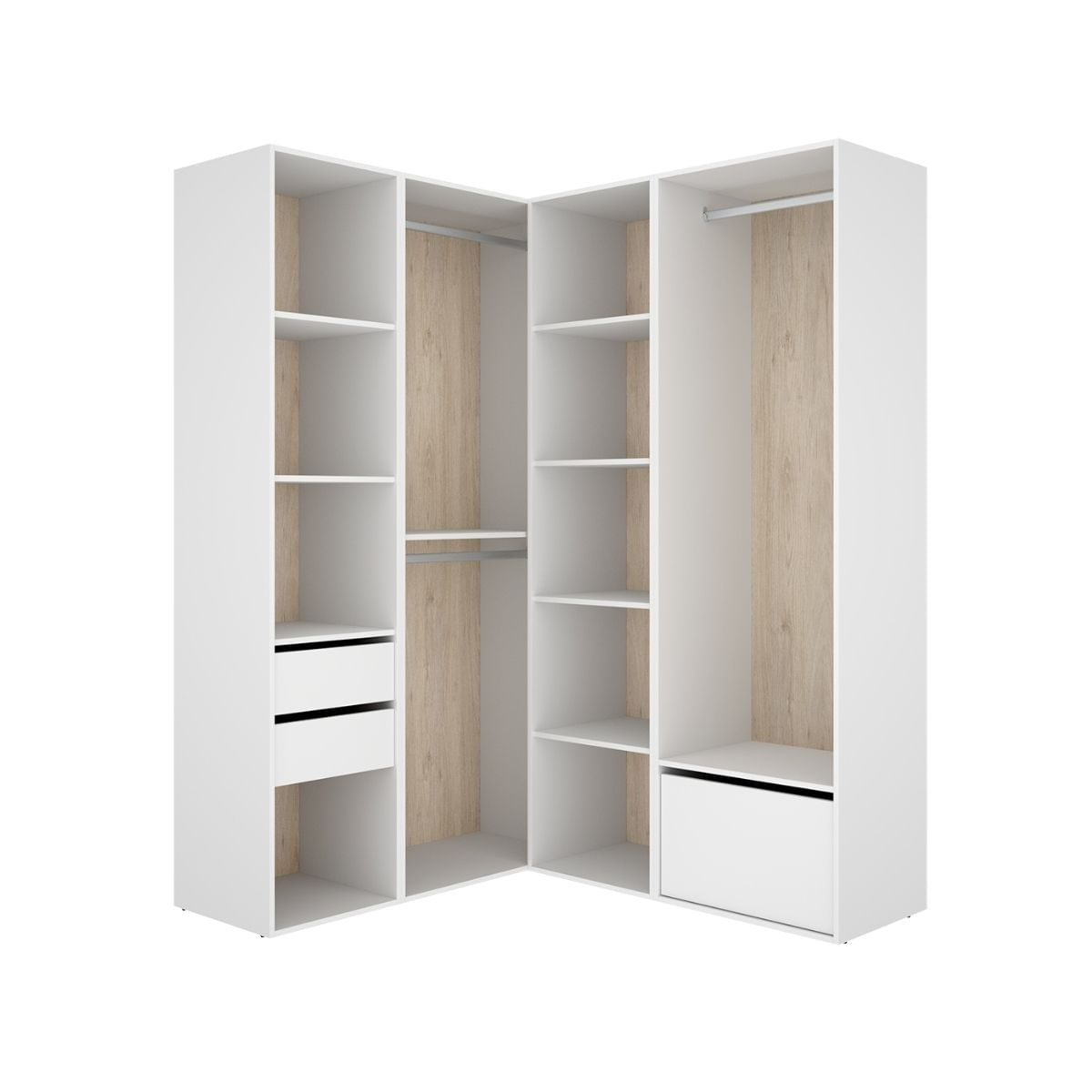 Armario vestidor esquinero 2 cajones 3 barras metalicas 1 zapatero suit - blanco/roble natural - ancho 124 - prof 144 cm - homekit