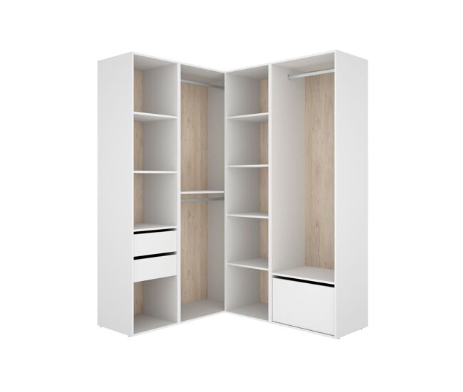 Armario vestidor esquinero 2 cajones 3 barras metalicas 1 zapatero suit - blanco/roble natural - ancho 124 - prof 144 cm - homekit