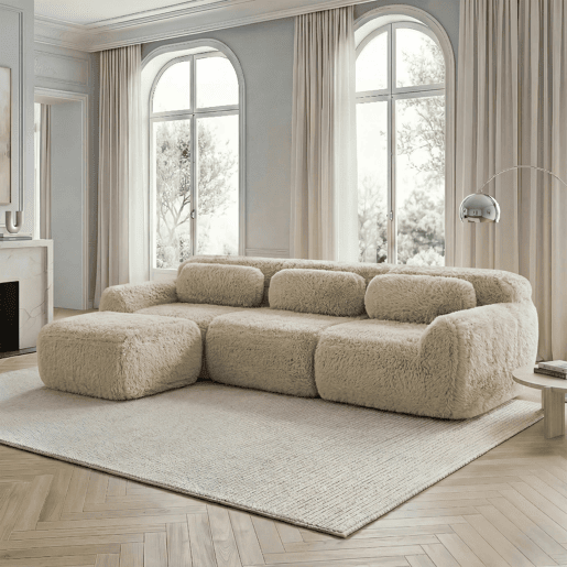 Sofá modular L - Plüsch, sem montagem, almofadas, antiderrapante, confortável - Bege claro