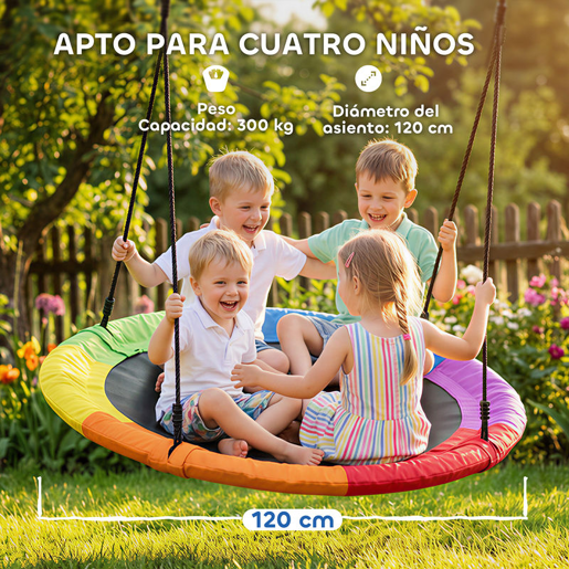 AIYAPLAY Baloiço Ninho Infantil Ø120 cm Altura Ajustável Baloiço Redondo para Bebés para Árvores Carga 300 kg Interior e Exterior para 4 Crianças de 3 a 8 Anos Multicolor