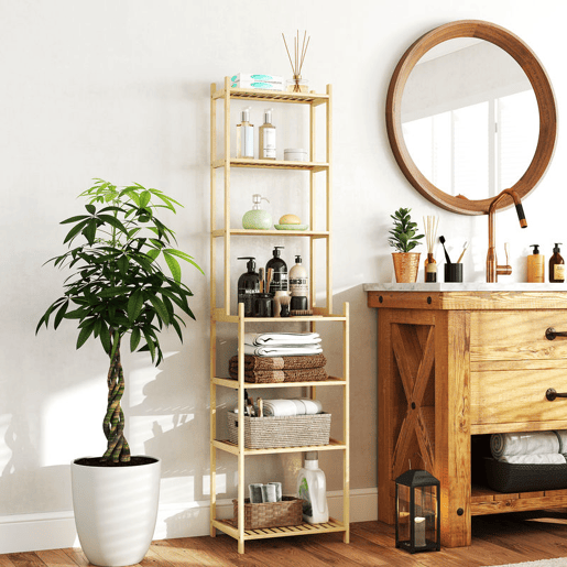 HOMCOM Estante de Casa de Banho de Bambu de 7 Níveis Estante de Arrumação com Desenho de Ripas para Cozinha Casa de Banho Sala de Estar 44x33x180 cm Madeira