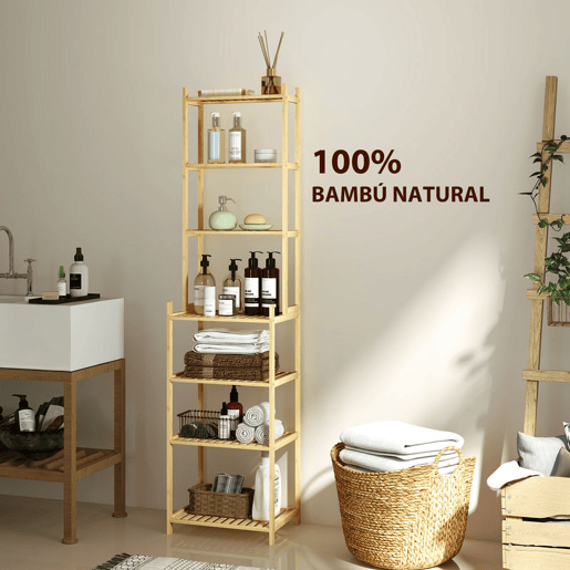 HOMCOM Estante de Casa de Banho de Bambu de 7 Níveis Estante de Arrumação com Desenho de Ripas para Cozinha Casa de Banho Sala de Estar 44x33x180 cm Madeira