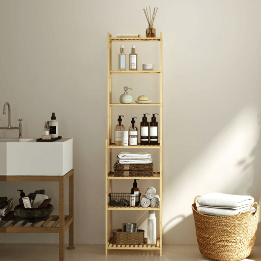 HOMCOM Estante de Casa de Banho de Bambu de 7 Níveis Estante de Arrumação com Desenho de Ripas para Cozinha Casa de Banho Sala de Estar 44x33x180 cm Madeira