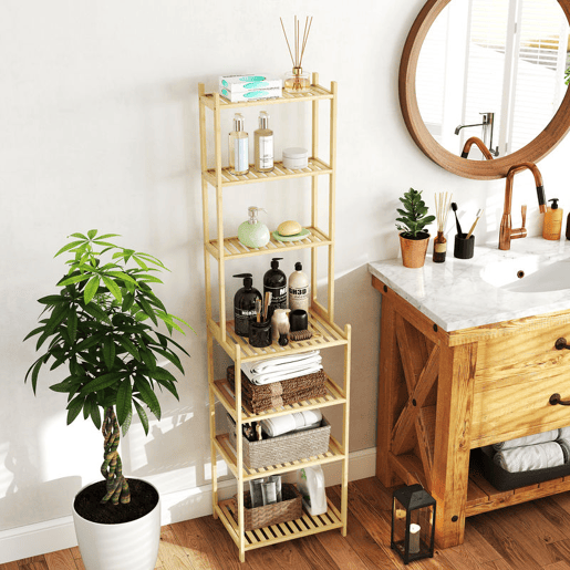 HOMCOM Estante de Casa de Banho de Bambu de 7 Níveis Estante de Arrumação com Desenho de Ripas para Cozinha Casa de Banho Sala de Estar 44x33x180 cm Madeira