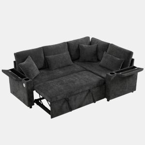 Sofá-cama 4 lugares conversível direito de tecido com armazenamento,cinza