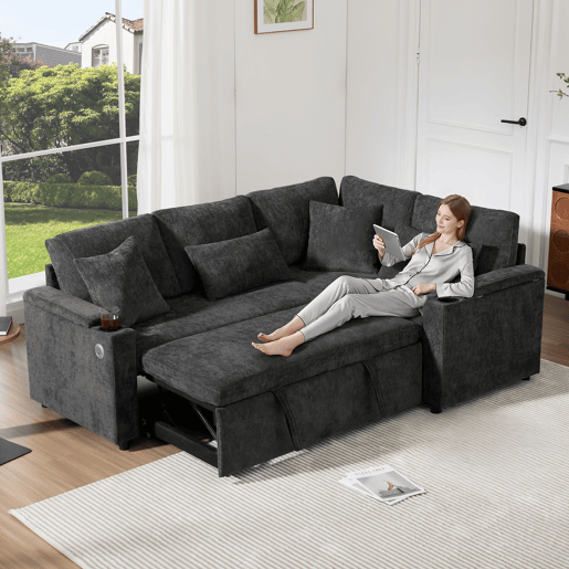 Sofá-cama 4 lugares conversível direito de tecido com armazenamento,cinza