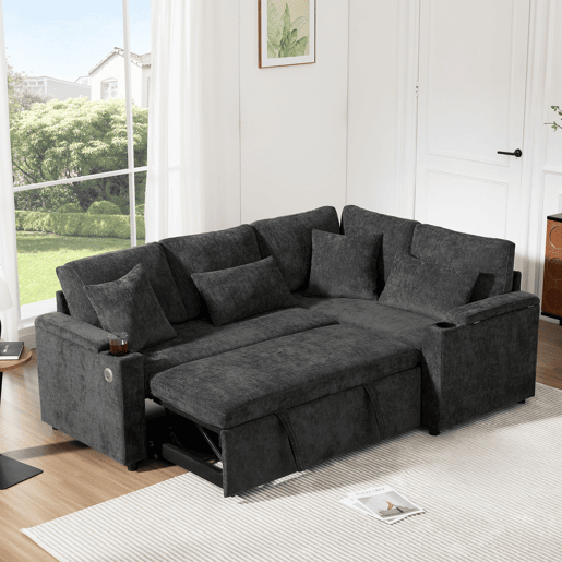 Sofá-cama 4 lugares conversível direito de tecido com armazenamento,cinza