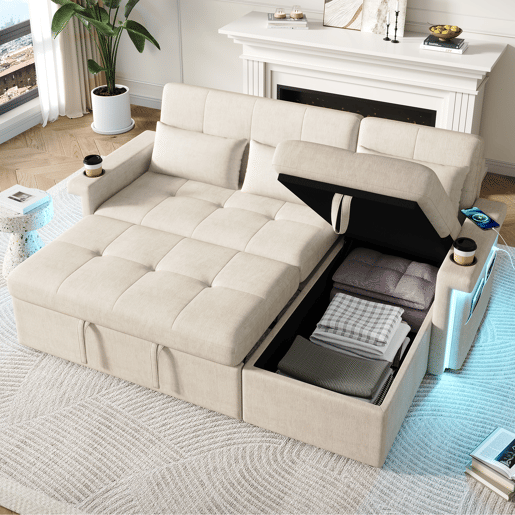 Sofá-cama 3 lugares conversível reversível de tecido com armazenamento e luz led,bege