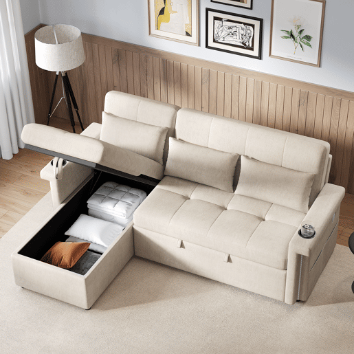 Sofá-cama 3 lugares conversível reversível de tecido com armazenamento e luz led,bege