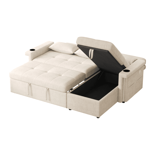 Sofá-cama 3 lugares conversível reversível de tecido com armazenamento e luz led,bege