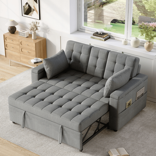 Sofá-cama 2 lugares conversível de algodão e linho,cinza Sofá-cama 2 lugares conversível de algodão e linho,cinza