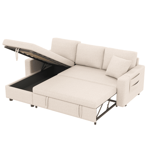 Sofá-cama 3 lugares conversível reversível de linho com armazenamento,bege