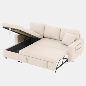 Sofá-cama 3 lugares conversível reversível de linho com armazenamento,bege