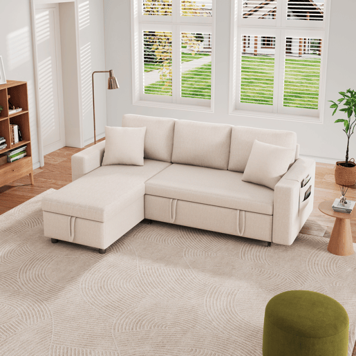 Sofá-cama 3 lugares conversível reversível de linho com armazenamento,bege