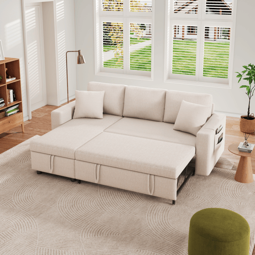 Sofá-cama 3 lugares conversível reversível de linho com armazenamento,bege