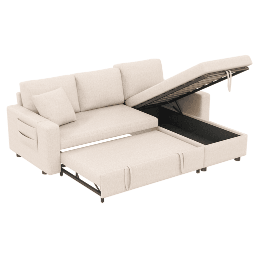 Sofá-cama 3 lugares conversível reversível de linho com armazenamento,bege