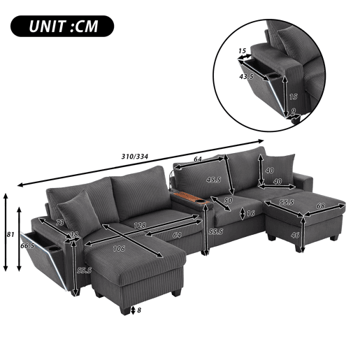 Sofá em U para 4 pessoas 334 x 128,5 cm - Porta-copos com LED USB Type-C - Cinza Sofá em U para 4 pessoas 334 x 128,5 cm - Porta-copos com LED USB Type-C - Cinza