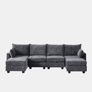 Sofá modular de 6 lugares - Chenille, em forma de U, com arrumação e chaise longue - Cinza