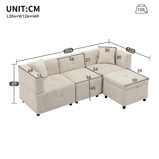 Sofá modular 3 lugares fixa de tecido,bege