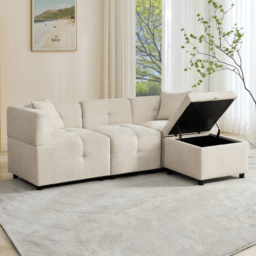 Sofá modular 3 lugares fixa de tecido,bege