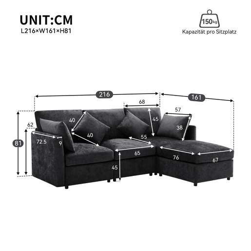 Sofá modular 4 lugares fixa de tecido,cinza