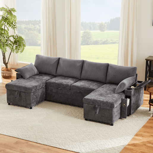 Sofá-cama em U para 4 pessoas - Com bebida, arrumação, função cama - Cinza