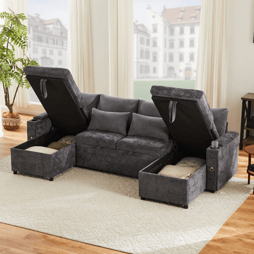 Sofá-cama em U para 4 pessoas - Com bebida, arrumação, função cama - Cinza