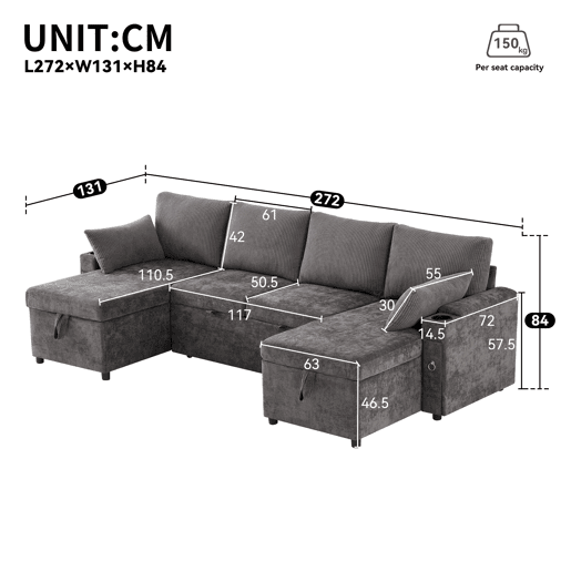 Sofá-cama em U para 4 pessoas - Com bebida, arrumação, função cama - Cinza