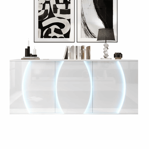Aparador de sala 150 x 40 x 70 cm - móvel de arrumação com 3 portas, portas com design e LED, acabamento alto brilho - branco