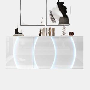 Aparador de sala 150 x 40 x 70 cm - móvel de arrumação com 3 portas, portas com design e LED, acabamento alto brilho - branco
