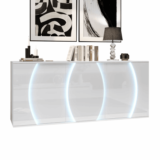 Aparador de sala 150 x 40 x 70 cm - móvel de arrumação com 3 portas, portas com design e LED, acabamento alto brilho - branco