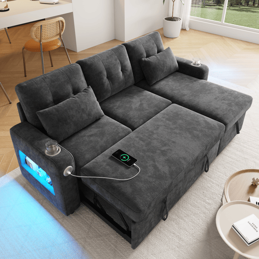 Sofá-cama 3 lugares conversível reversível de tecido com armazenamento e luz led,cinza
