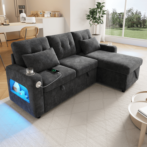Sofá-cama 3 lugares conversível reversível de tecido com armazenamento e luz led,cinza