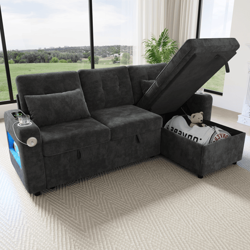 Sofá-cama 3 lugares conversível reversível de tecido com armazenamento e luz led,cinza
