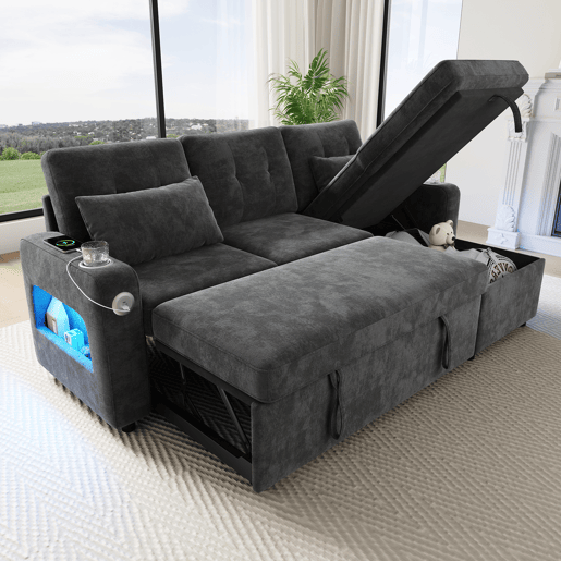 Sofá-cama 3 lugares conversível reversível de tecido com armazenamento e luz led,cinza