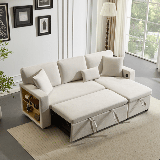 Sofá-cama 3 lugares conversível reversível de tecido com armazenamento,bege