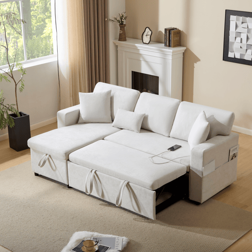 Sofá-cama 3 lugares conversível reversível de tecido com armazenamento,bege