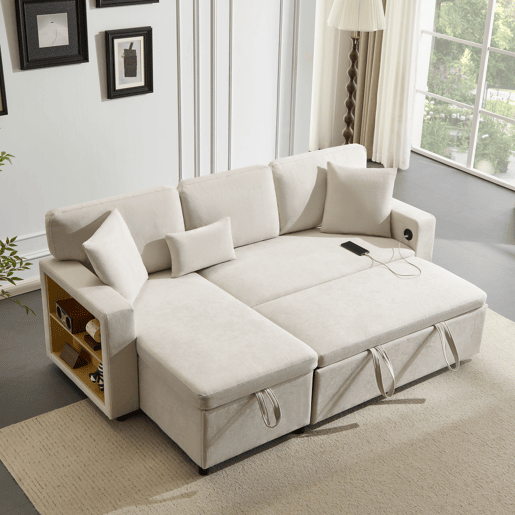 Sofá-cama 3 lugares conversível reversível de tecido com armazenamento,bege