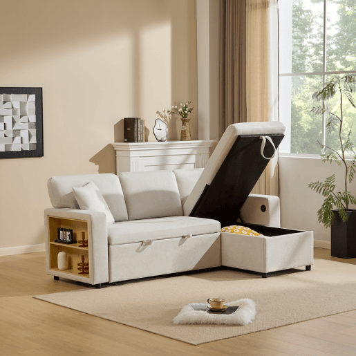Sofá-cama 3 lugares conversível reversível de tecido com armazenamento,bege