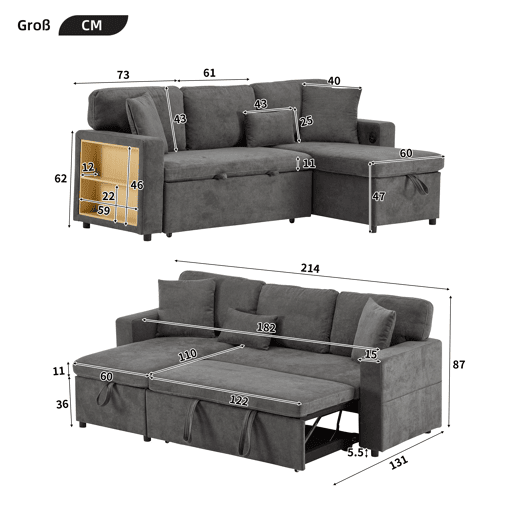 Sofá-cama 3 lugares conversível reversível de tecido com armazenamento,cinza