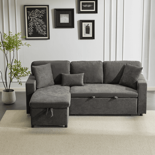 Sofá-cama 3 lugares conversível reversível de tecido com armazenamento,cinza