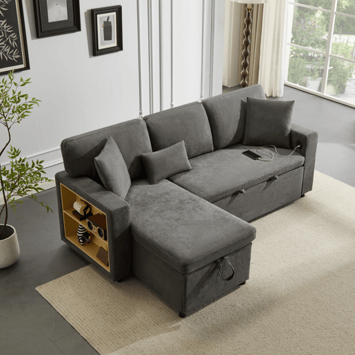 Sofá-cama 3 lugares conversível reversível de tecido com armazenamento,cinza