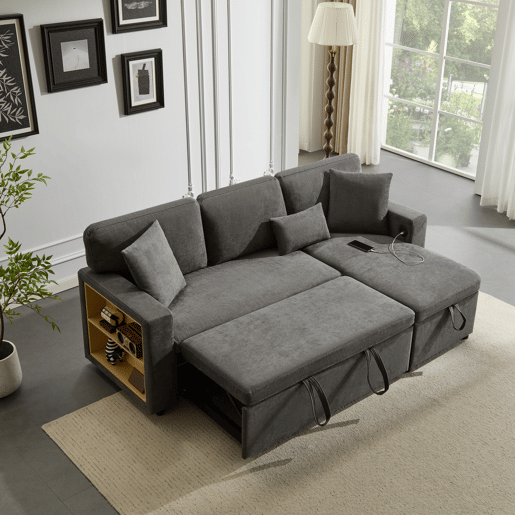Sofá-cama 3 lugares conversível reversível de tecido com armazenamento,cinza