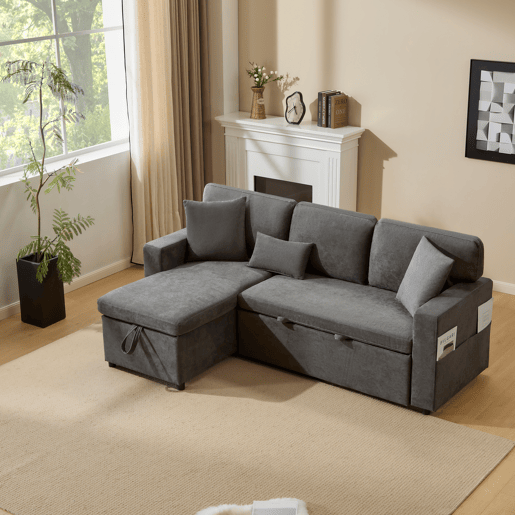 Sofá-cama 3 lugares conversível reversível de tecido com armazenamento,cinza