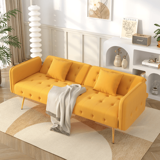 Sofá de 2 lugares - multifuncional, encosto e braços ajustáveis, ampla área de descanso - Amarelo