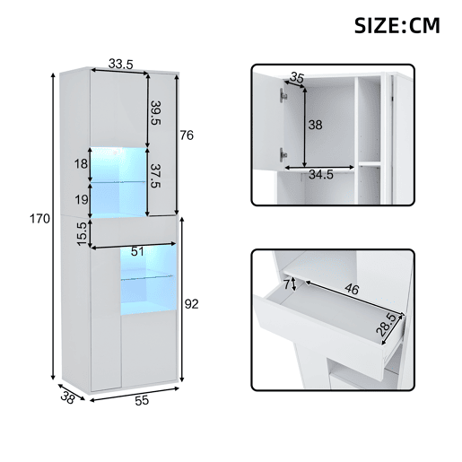 Vitrine de painel de partículas com 4 portas,1 gaveta e luz led,branco